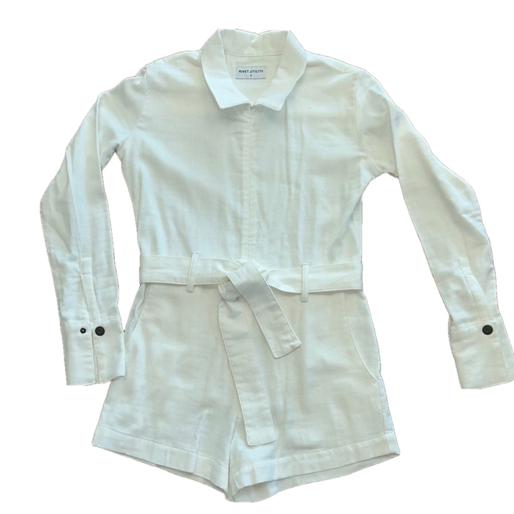 Rivet Utility: Cream/Off White Linen Romper: Size S
